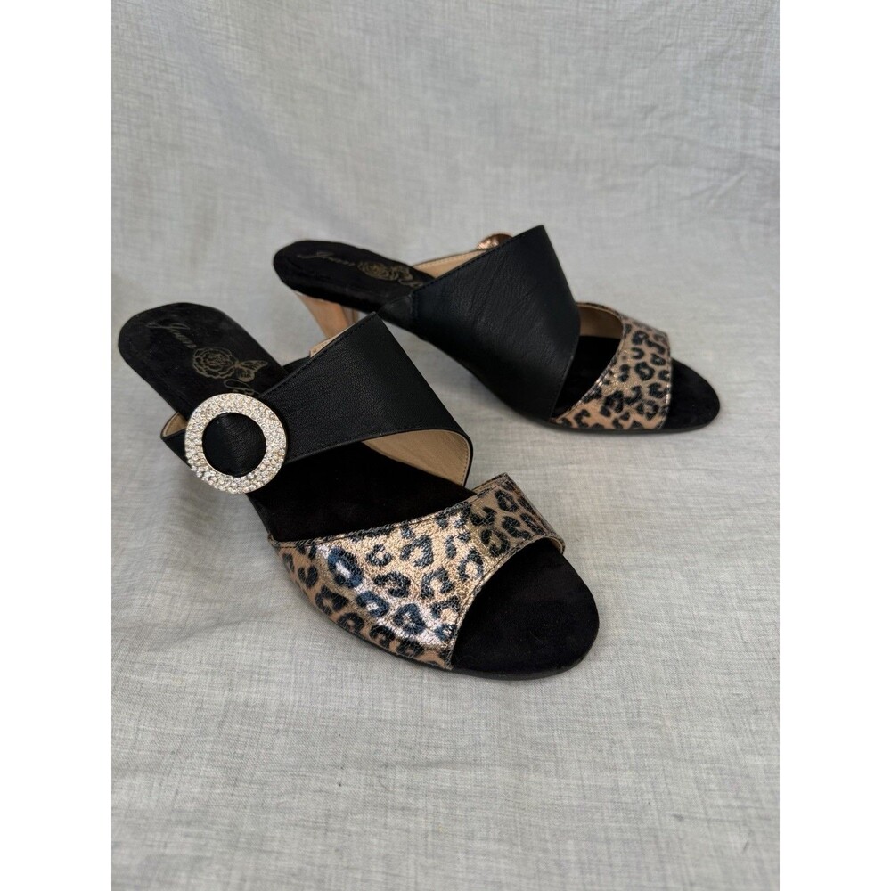 Joan Boyce Women's Leopard Black Slide Heels Sandals Mules Open Toe Size 8